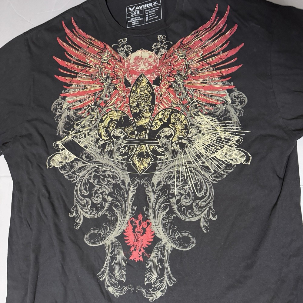 Avirex T Shirt 3XL 3XB Big Graphic Tee Black Skull Wings Fleur De Lis Print
