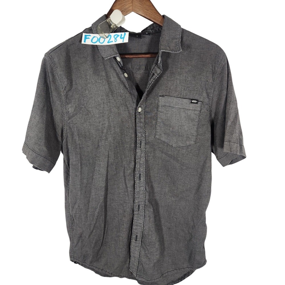 Vans Mens Charcoal Gray Textured Slub Cotton Button Up Short Sleeve Shirt Medium