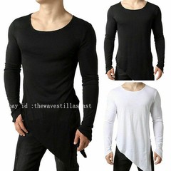 Mens Asymmetric Slit Hem Summer T-shirt Top Tee Long Sleeve Loose Pullover Shirt