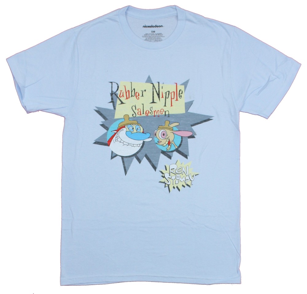 Ren And Stimpy Adult New T-Shirt – Rubber Nipple Salesman Crazy Pic