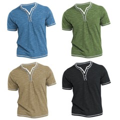 Herren T-Shirt Knopfleiste Vintage Slim V-Ausschnitt Top Hemd Kurzarm Oberteile