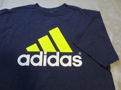 Vintage Adidas Shirt Mens XL Blue Yellow Triangle Logo Three Stipe Spell Out