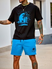 Tropical Palms Sunset Graphic Tee – Minimalist Blue Coastal Streetwear Shirt
