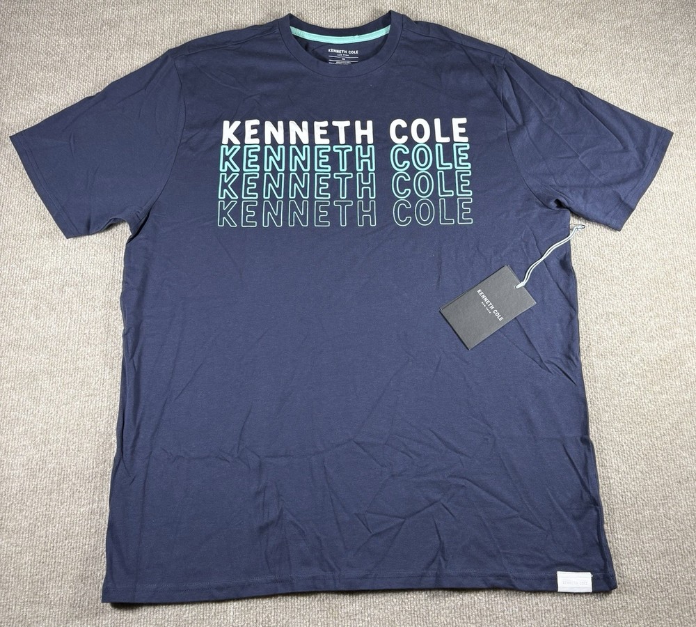 Kenneth Cole Shirt Men’s 1X Blue Short Sleeve Cotton Tee NEW Logos Spell out