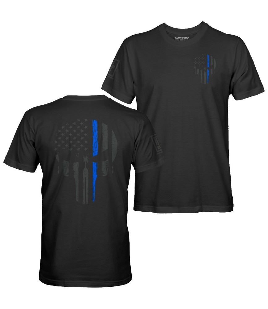 Fantastic Tees Thin Blue Line Skull USA Flag Support Men’s Stealth T-Shirt