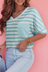 Striped V-Neck Short Sleeve Pocket Tee Shirt