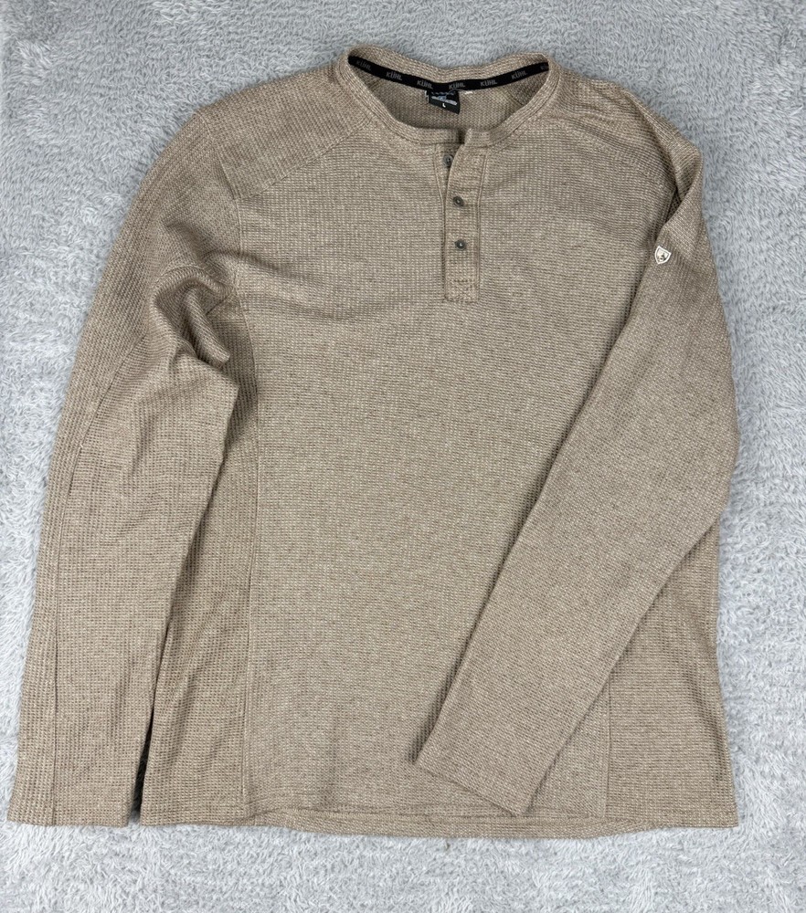 KUHL Konflikt Henley Shirt Mens Large Brown Waffle Knit Thermal Long Sleeve 7472