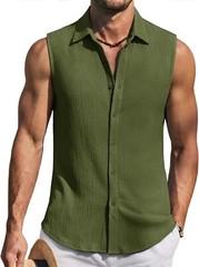 Men’s Summer Sleeveless Knit Tank Top Button Up Casual Beach Vacation Shirt