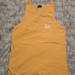 Stussy Men’s Yellow Logo Tank Top Size S Cotton Scoop Neck Sleeveless