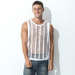 Mens Sexy Stripe Fishnet Tank Top See Through Mesh Sleeveless Tank Shirt Holl…