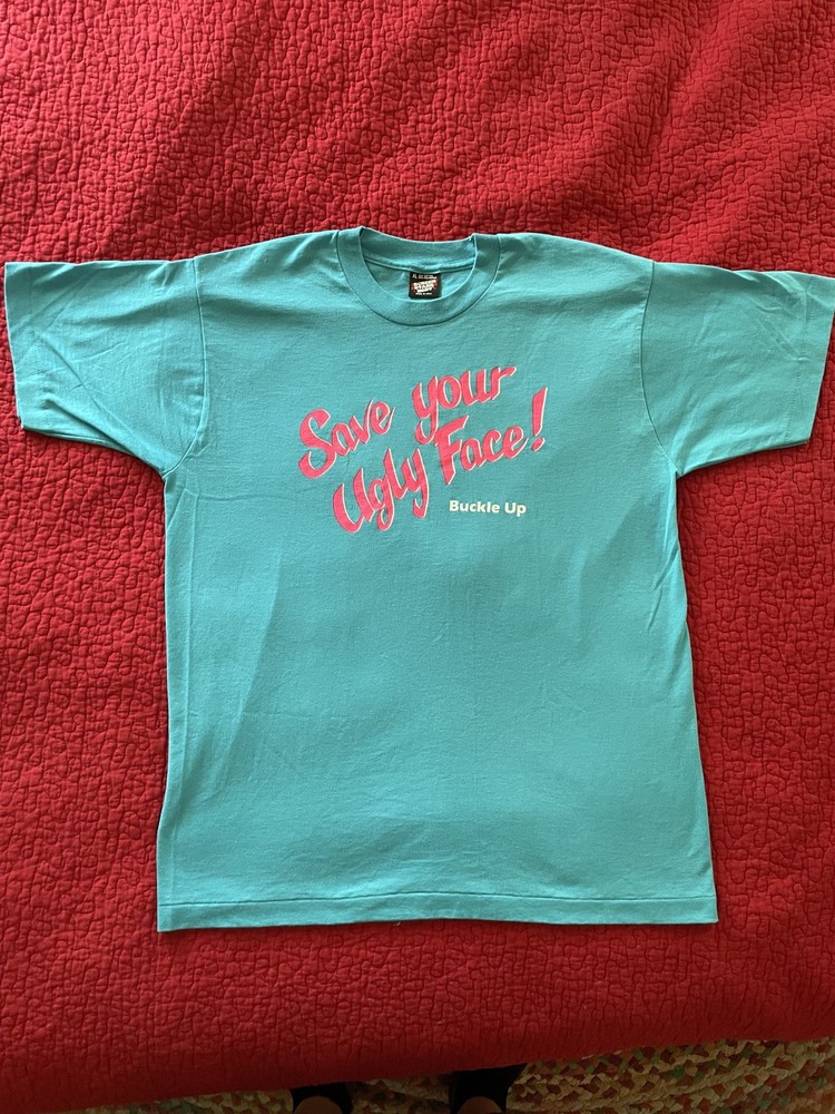 Size XL – Vintage Buckle Up Save Your UGLY FACE Shirt – Rare HTF Deadstock 1980s