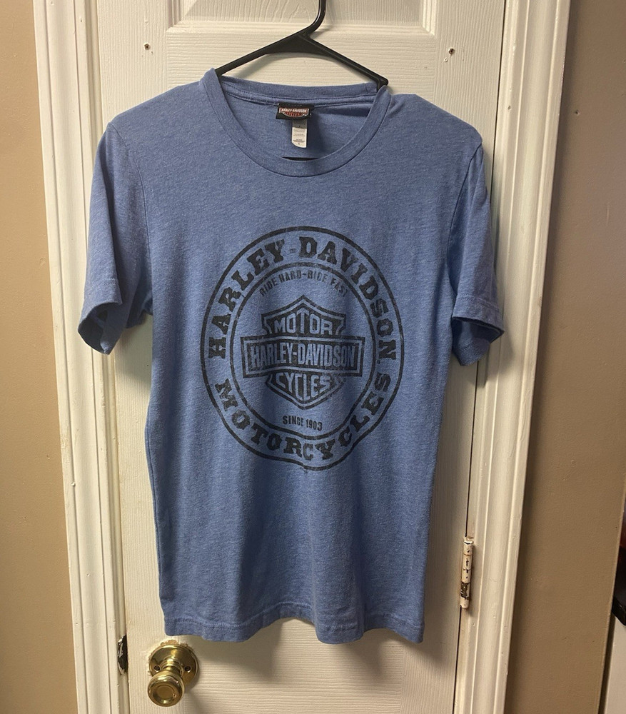 Harley-Davidson Men’s S Blue Graphic Logo Double-Sided Crew Neck T-Shirt