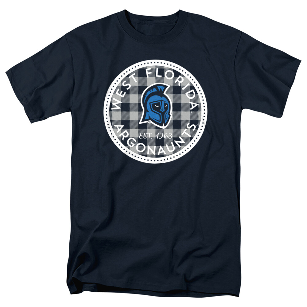 University of West Florida Adult T-Shirt Plaid Badge, Navy, S-5XL