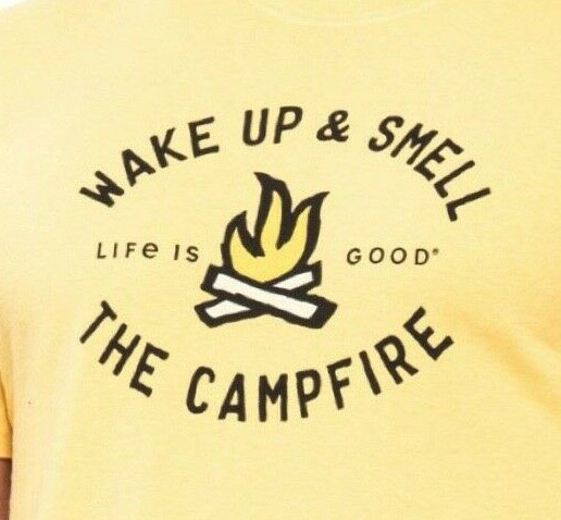 NWT Men’s Life Is Good Wake Up & Smell The Campfire Camping Yellow Crusher Tee