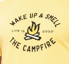 NWT Men’s Life Is Good Wake Up & Smell The Campfire Camping Yellow Crusher Tee