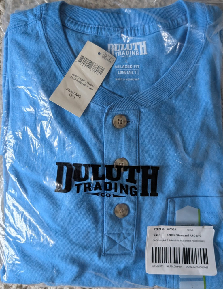 Duluth Trading Mens Longtail Relaxed Fit Short Sleeve Pocket Henley L Light Blue