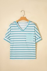 Striped V-Neck Short Sleeve Pocket Tee Shirt