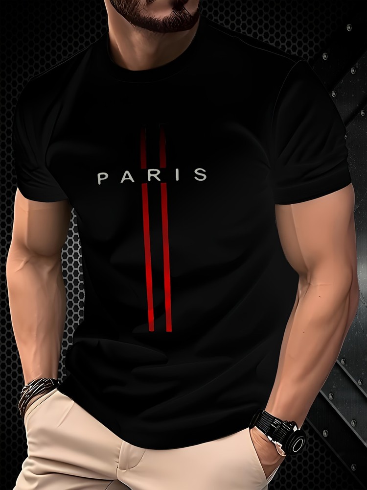 Paris Stripe Graphic T-Shirt Men’s Crew Neck Casual Streetwear Tee Top