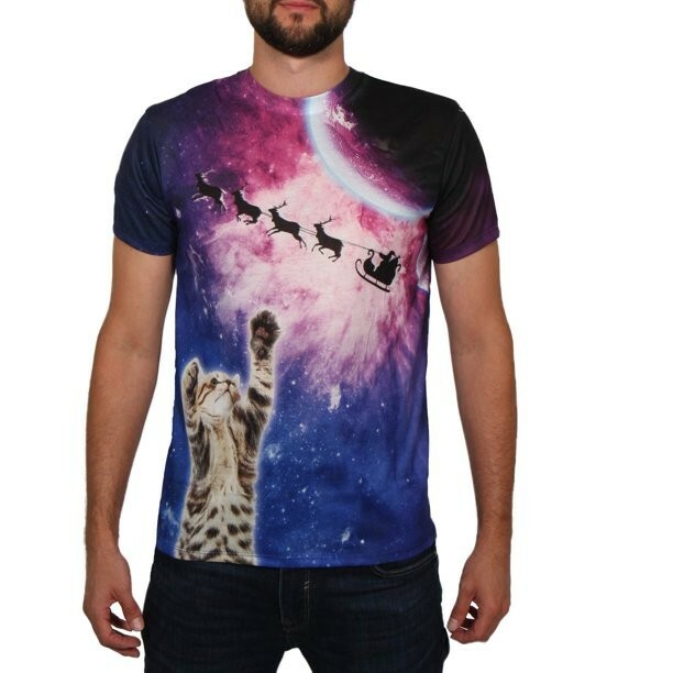 Faux Real Men’s 3D Ugly Christmas Short Sleeve T-Shirt, Galactic Xmas Kitty, L