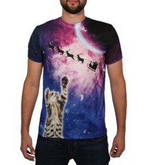 Faux Real Men’s 3D Ugly Christmas Short Sleeve T-Shirt, Galactic Xmas Kitty, L
