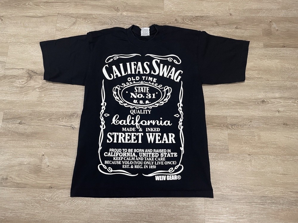 Men’s WEIVGEAR Sz L Black California Swag Whiskey Label T-Shirt made in USA