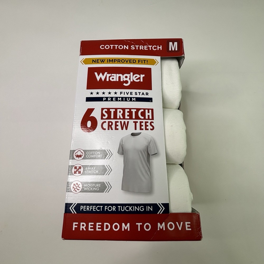 6-Pack WRANGLER Men’s Size Medium Stretch Crew Tees Short Sleeve Cotton White