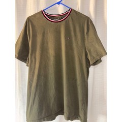 Tommy Hilfiger Mens XL T-Shirt Olive Green Ribbed Striped Collar Flag Logo Tee