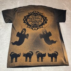 Halloween Bleach Wash T-Shirt Black Medium Haunted House Cats Ghosts Goth Spooky
