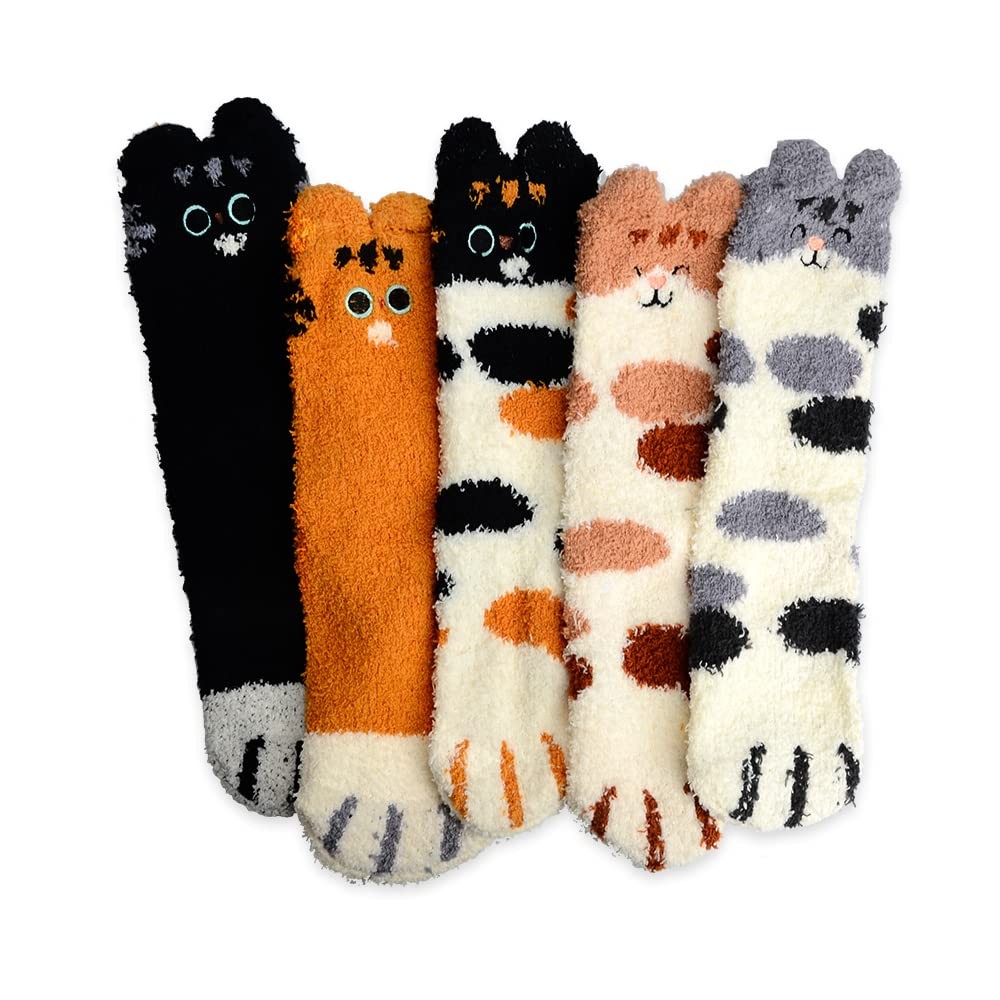 5 Pairs Cat Paw Socks Cozy Fuzzy Feet Hosiery For Girls Women Winter Warm