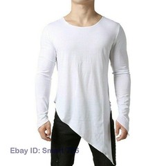 Mens Asymmetric Slit Hem Summer T-shirt Top Tee Long Sleeve Pullover Shirt Hot
