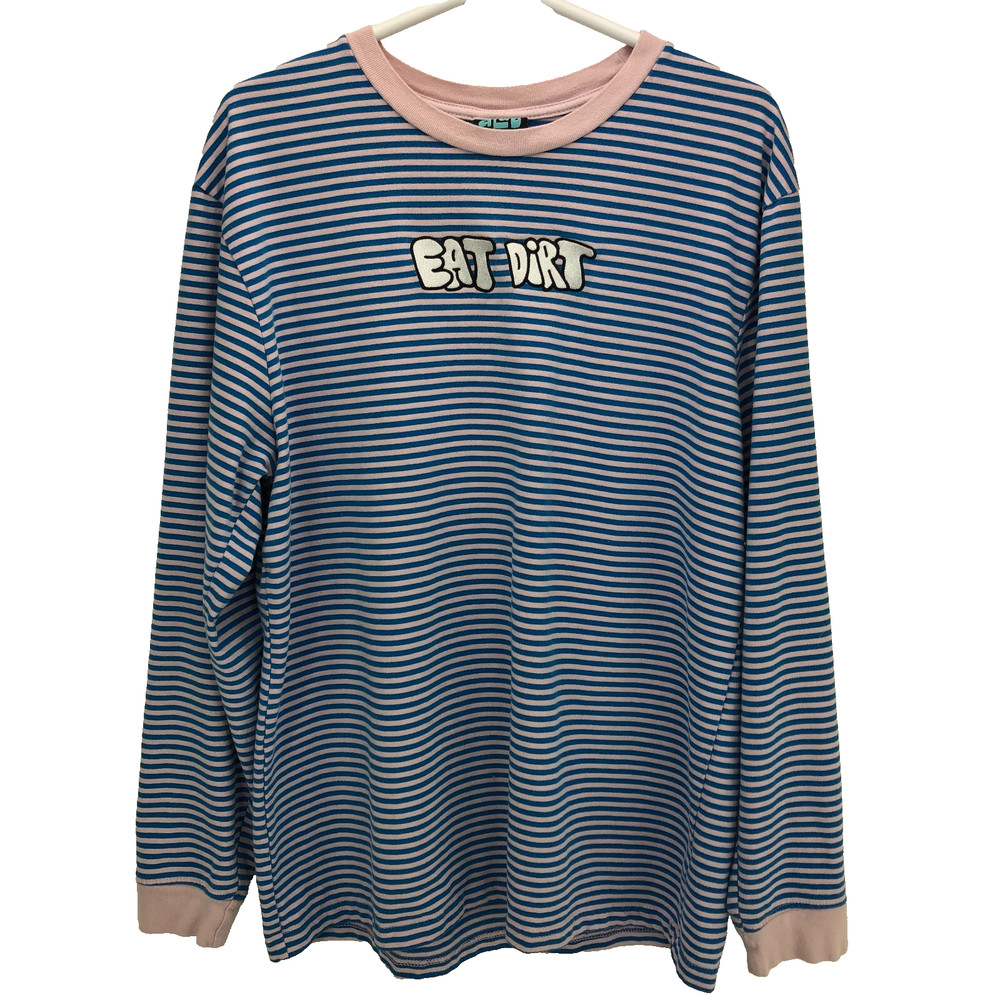 ALAB Mens Novelty Embroidered Pullover Shirt Size L Multicolor Stripe Eat Dirt F