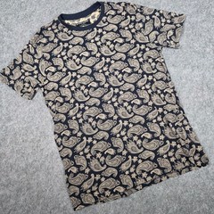 Mens Paisley T Shirt Navy Blue Tan Cotton Short Sleeve Large Preppy Streetwear