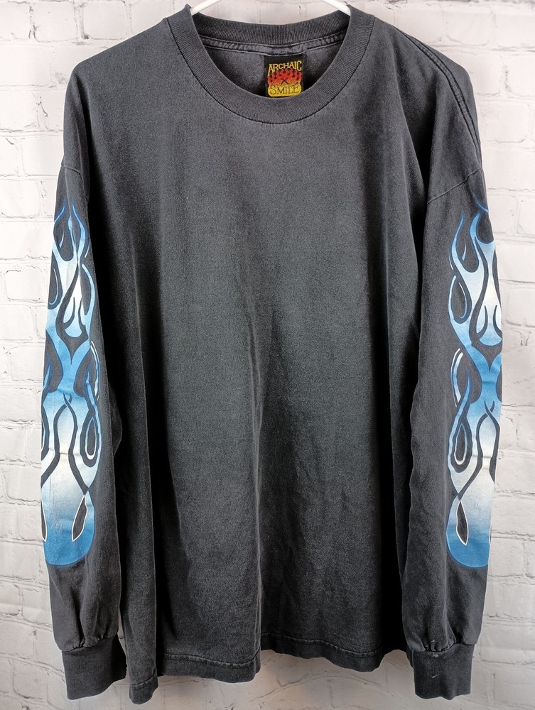 Vintage Archaic Smile Blue Flames Black Long Sleeve T-shirt Made In USA, Sz. XL
