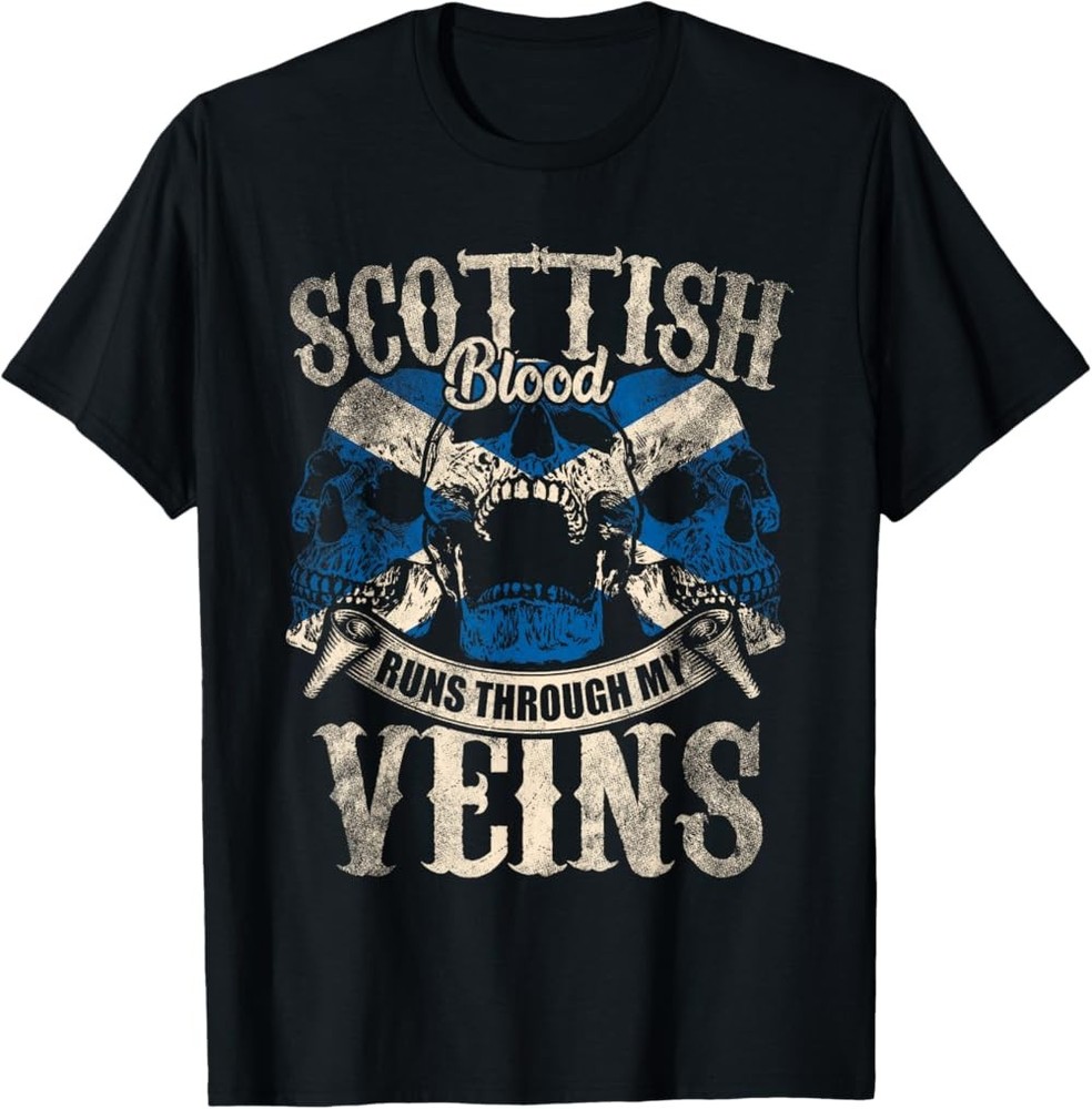 Scottish Blood Runs Through My Veins – Scottish Flag with Skulls T-Shirt