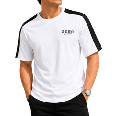 GUESS Los Angeles Mens Size L White Logo Tape T Shirt Black Shoulder Tee NWT