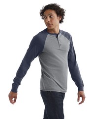 Hanes Mens Beefy Long-Sleeve Shirt Colorblock Henley threebutton Tag Free raglan