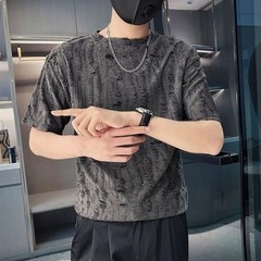 Mens Distressed Textured Short Sleeve T-Shirt Trendy Ripped Summer Crew Neck Tee