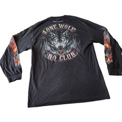 Lone Wolf No Club Biker Motorcycle Double-Sided/Flame Sleeves Graphic Tee Sz L