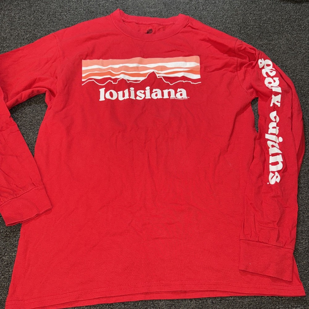 Hanes Men Size Large Red Long Sleeve T-Shirt Geaux Cajuns Louisiana