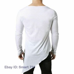 Mens Asymmetric Slit Hem Summer T-shirt Top Tee Long Sleeve Pullover Shirt Hot