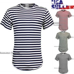 Men T-Shirt Striped Casual Crew Neck Short Sleeve Curved Extended Long Tee Top