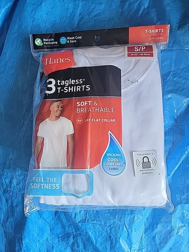 New Mens Lay Flat Collar White Crew Neck T-Shirt 3-Pack Small Free Shipping