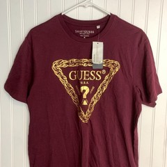 Guess Men Short Sleeve T-Shirt Gold Burgundy Crewneck Logo Triangle Size M