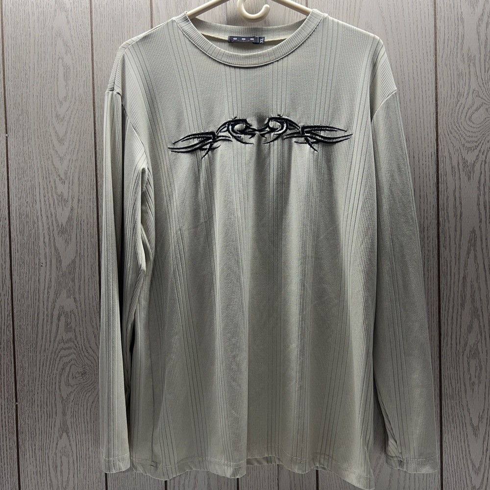 Men’s XL Tattoo Appliqué Logo Long Sleeve Ribbed Shirt Tan USA MADE
