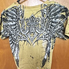 Affliction Beige Graphic Logo Print V-Neck Short Sleeve Double-Sided Tee S