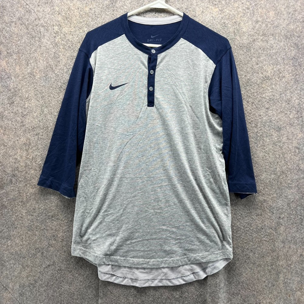 Nike Shirt Men Medium Adult Gray Blue Navy Swoosh Long Sleeve Dri Fit Henley