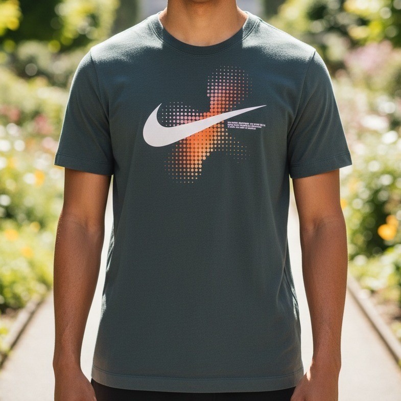 Nike Mens Forest Green Graphic Swoosh T-Shirt Halftone Dot Crew Neck T-Shirt