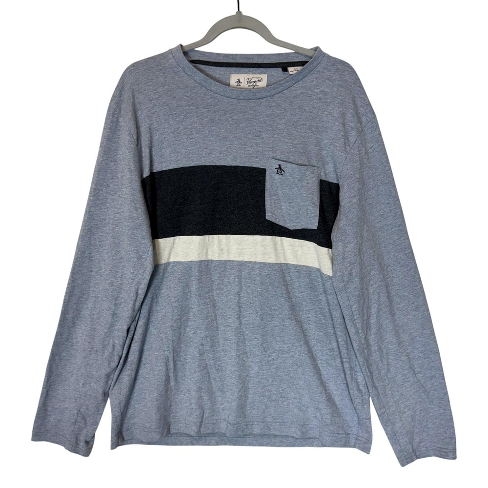 Original Penguin Shirt Mens Large Blue Colorblock Long Sleeve Pocket Logo Tee