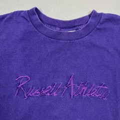 Vintage 90s Russell Athletic Embroidered Tshirt Purple Medium Single Stitch VTG