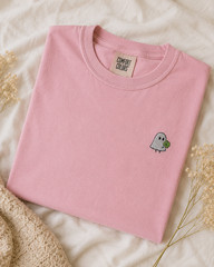 Cute Ghost Embroidered T-Shirt with Lucky Clover | Comfort Colors